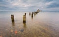 Beautiful view on Baltic sandy coast with old military buildings