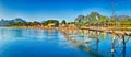 Beautiful view of a bamboo bridge. Laos landscape. Panorama