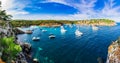 Spain Majorca, seaside beach bay with luxury yachts at coast of Portals Vells Royalty Free Stock Photo