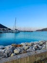 Beautiful view of the bay with boat and yacht and traditional house, Royalty Free Stock Photo