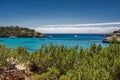 Beautiful view of the bay with turquoise water and yachts in Cala Mondrago National Park on Mallorca island, Spain. Royalty Free Stock Photo