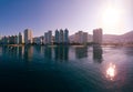 Beautiful view of the beach, aerial view of the sea, acapulco beach seen from above. Travel and vacation concept. Colorful sunset