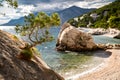 Beautiful view of a beach in Croatia with big rocks, pebbly beach, pine trees and high mountains over the coastline Royalty Free Stock Photo