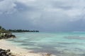 Beautiful view of the beach with an island with a castle in the background