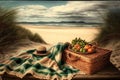 beautiful view of the beach, with picnic basket and blanket in the foreground Royalty Free Stock Photo