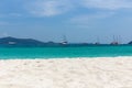 Beautiful view from the beach at the seaside. On the horizon, mountains and ships. Royalty Free Stock Photo