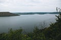 Beautiful view on big lake among hills. River and cliffs landscape. Bakota lake and Dnister river in Ukraine. Travelling and