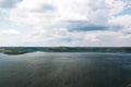 Beautiful view on big lake among hills. River and cliffs landscape. Bakota lake and Dnister river in Ukraine. Travelling and