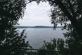 Beautiful view on big lake and hills among trees. River and cliffs landscape. Bakota lake and Dnister river in Ukraine. Travelling