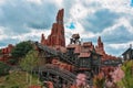 Beautiful view of the Big Thunder Mountain Attraction Rollercoaster from a side in Disneyland, Paris