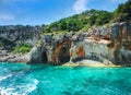 Beautiful view on Blue caves and blue water of Ionian sea on Island Zakynthos in Greece and sightseeing points on the rock. Boat t Royalty Free Stock Photo