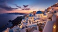 Beautiful view the blue domed churches in the village of Oia, Santorini, Greece, during dusk without people, Generative AI Royalty Free Stock Photo