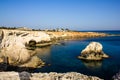 Beautiful view of the blue Mediterranean sea and the rock arch on a Sunny day from Cape Greco in Cyprus. Stone landscape of Ayia Royalty Free Stock Photo