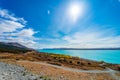 Beautiful view of bluish Pukaki lake with autumnal trees in the foreground and snowy Mount Cook in the background taken on a sunny Royalty Free Stock Photo