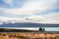 Beautiful view of the bluish Pukaki Lake with snowy Mount Cook in the background, New Zealand Royalty Free Stock Photo