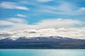 Beautiful view of the bluish Pukaki Lake with snowy Mount Cook in the background, New Zealand Royalty Free Stock Photo