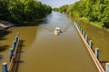 Beautiful view of boat entrance to water level mechanism with dirty water with beautiful green