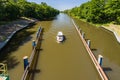 Beautiful view of boat entrance to water level mechanism with dirty water with beautiful green