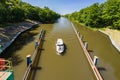 Beautiful view of boat entrance to water level mechanism with dirty water with beautiful green