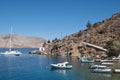 Beautiful view of boats on Nimburio bay, Symi island, Greece Royalty Free Stock Photo