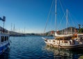 Beautiful view of the Bodrum Down Town marina, Mugla. Turkey. traditional wood and white gulet and sailing yachts and Royalty Free Stock Photo