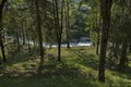 Beautiful view of the Boite river with open sediment from rosk and mountain in Cortina d`Ampezzo, Dolomite mountains, Alps