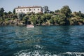 Beautiful view on Borromean Islands  and boats on lake from Stresa, vacation in Italy. Isole Borromee on Lago Maggiore in sunny Royalty Free Stock Photo