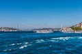 Beautiful view of Bosphorus bridge cross the Bosphorus strait, Istanbul, Turkey, view on a cruise ship sailing on the Bosphorus Royalty Free Stock Photo