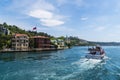 Beautiful View of Bosphorus Coastline in Istanbul with Exquisite wooden Houses and Boat