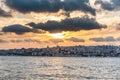 Beautiful view of Bosphorus strait with lots of building under golden sunset, View from Uskudar, Istanbul, Turkey, on the