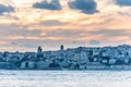 Beautiful view of Bosphorus strait with lots of building under golden sunset, View from Uskudar, Istanbul, Turkey, on the