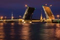 Beautiful view of the breeding of bridges in the night St. Petersburg from the embankment of the Neva River Royalty Free Stock Photo