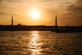 Beautiful view of the bridge and boats on the Bosporus in Istanbul in Turkey at sunset. Royalty Free Stock Photo