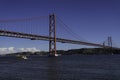 Beautiful view of the Bridge 25th of April over the river Tagus in the heart of Lisbon in Portugal. Small sailing boat and fishing Royalty Free Stock Photo