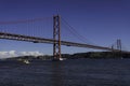 Beautiful view of the Bridge 25th of April over the river Tagus in the heart of Lisbon in Portugal. Small sailing boat and fishing Royalty Free Stock Photo
