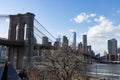 Beautiful View of the Brooklyn Bridge and the Lower Manhattan Skyline seen from Dumbo Brooklyn of New York City Royalty Free Stock Photo