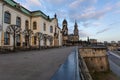 Beautiful view of Bruhl Terrasse with the Dresden Cathedral under dramatic sky Royalty Free Stock Photo