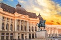 Beautiful view of the building of the Central University Library with equestrian monument to King Karol I in Bucharest, Romania Royalty Free Stock Photo