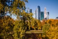 Beautiful view of the business center of Moscow city from the Novodevichy convent Park on the background of yellowed autumn trees Royalty Free Stock Photo