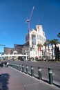 Beautiful view of a busy street in Las Vegas with hotels and palm trees on a sunny day. Nevada, USA