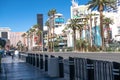 Beautiful view of a busy street in Las Vegas with hotels and palm trees on a sunny day. Nevada, USA