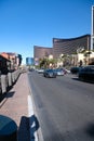 Beautiful view of a busy street in Las Vegas with hotels and palm trees on a sunny day. Nevada, USA