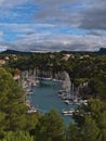Beautiful view of Calanque de Port-Miou near Cassis, Cote d\'Azur, France with docking boats on sunny day. Royalty Free Stock Photo