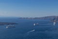 Beautiful view of Caldera with passenger cruises. Santorini, Greece.