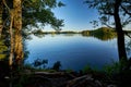 Beautiful view of a calm lake with reflections against a blue sky