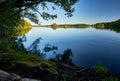 Beautiful view of a calm lake with reflections against a blue sky