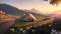 beautiful view of camping over the sunset mountains,