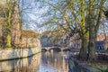 View of a canal with ducks swimming and trees with a blue sky Royalty Free Stock Photo