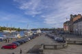 Beautiful view of car park on embankment in center of Stockholm. Royalty Free Stock Photo