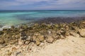 Beautiful view of Caribbean Sea with stones on sandy beach on island of Aruba on sunny day Royalty Free Stock Photo